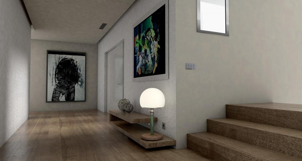 Modern hall way with wooden floor and steps